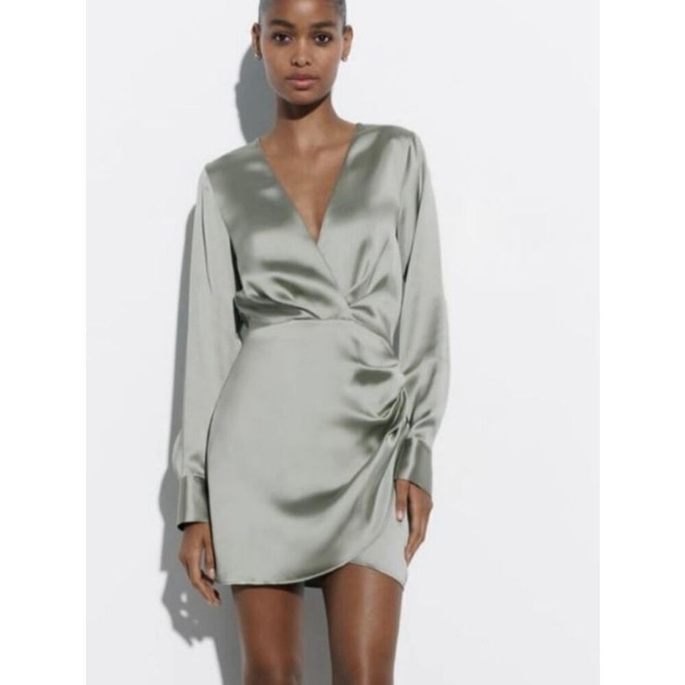 NEW Zara Satin Effect Wrap Front V-neck Mini Dress Women’s Extra Small